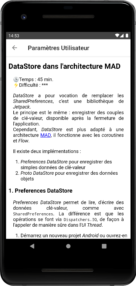 Paramètres utilisateur avec Data store dans l'app. Kotlin pour Android